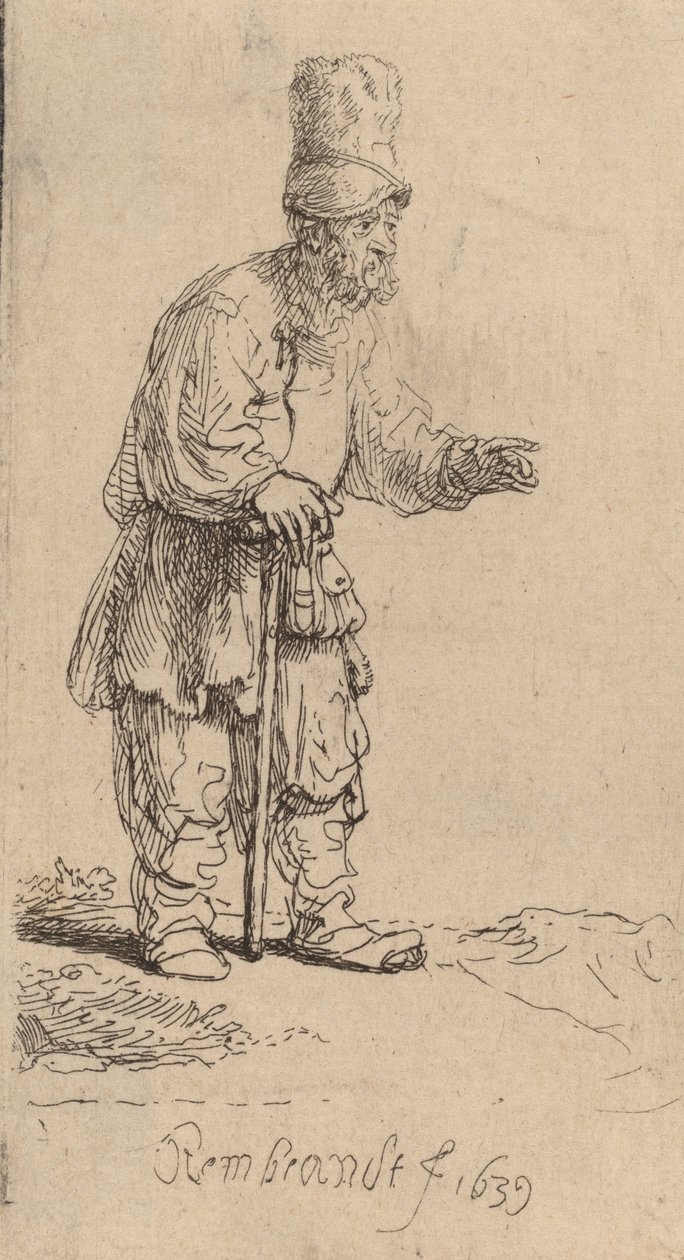 Sedlák ve vysoké čepici, stojící opřený o hůl, 1639. od Rembrandt van Rijn
