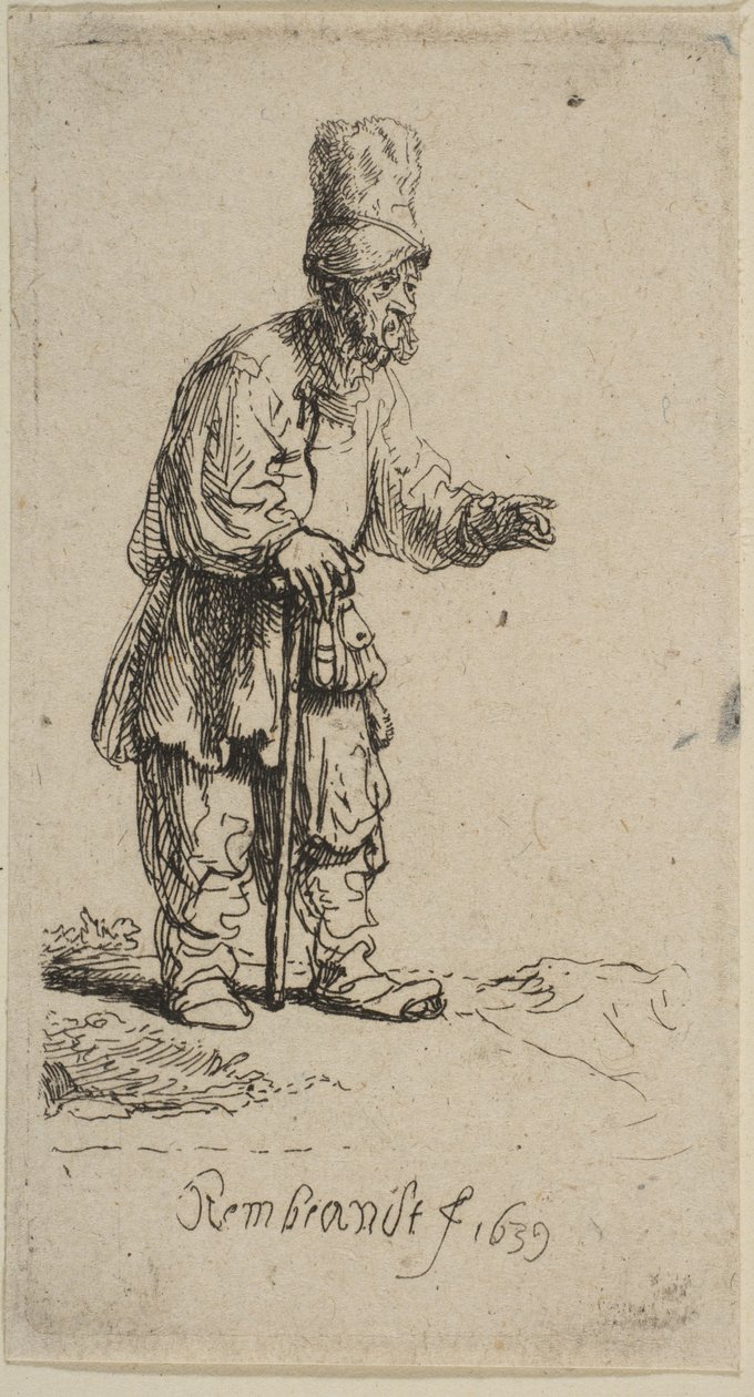 Sedlák ve vysoké čepici, stojící opřený o hůl, 1639. od Rembrandt van Rijn