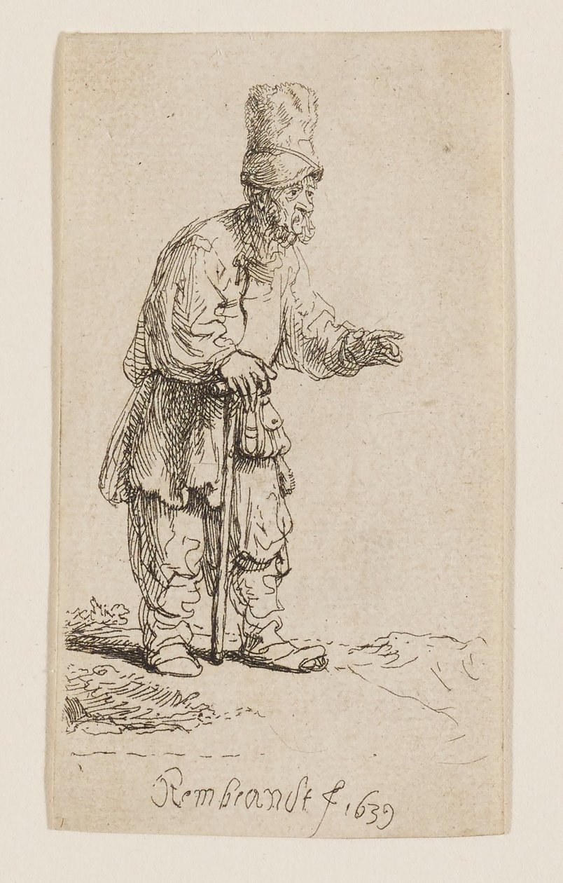 Sedlák ve vysoké čepici, stojící a opírající se o hůl od Rembrandt van Rijn