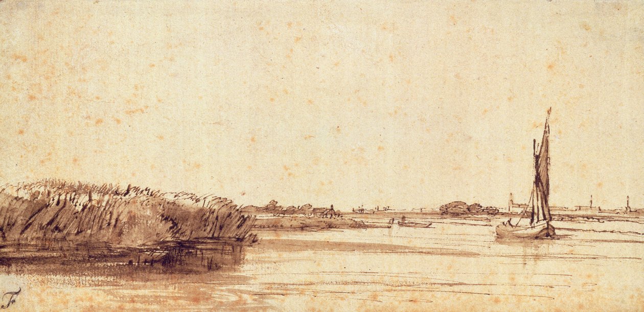 Řeka s plachetnicí na Nieuwe Meer od Rembrandt van Rijn