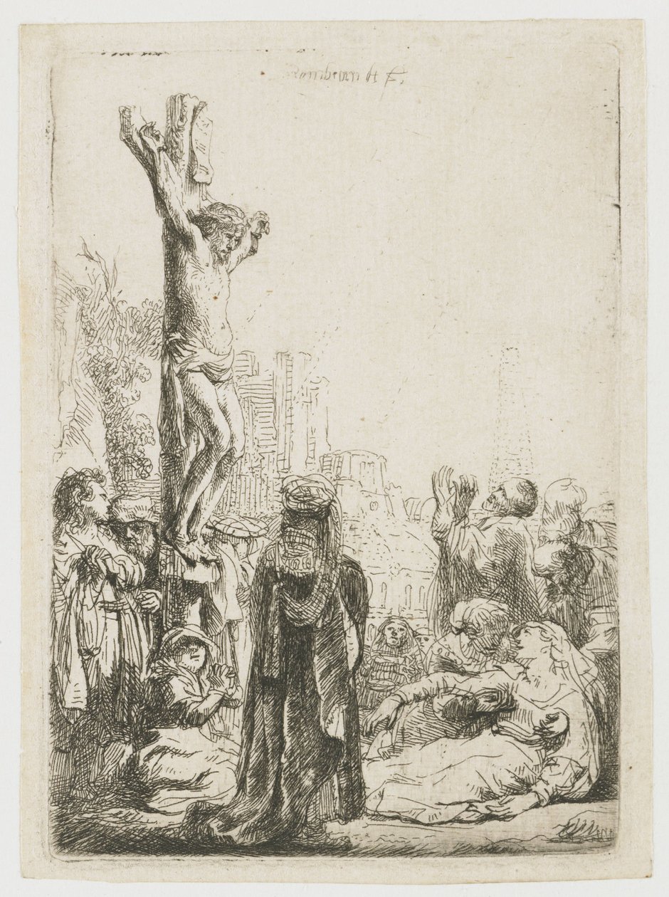 Slepý hráč na niněru a jeho rodina přijímají almužnu od Rembrandt van Rijn