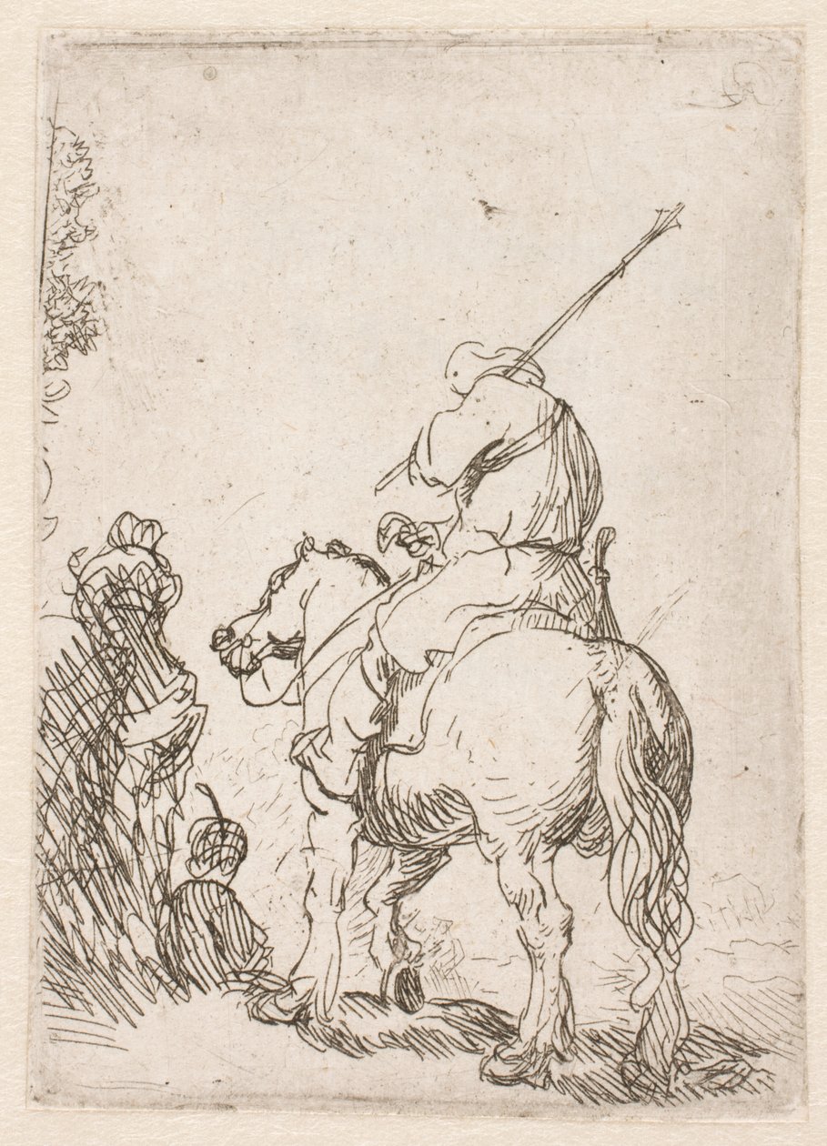 Voják s turbanem na koni od Rembrandt van Rijn