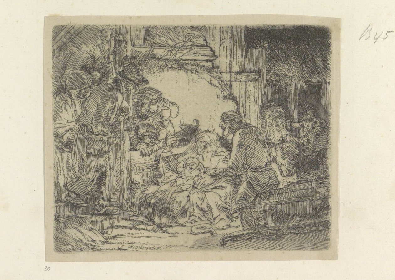 Aanbidding der pastevců: met de olielamp Kolekce osmdesáti pěti původních tisků (název série) od Rembrandt van Rijn