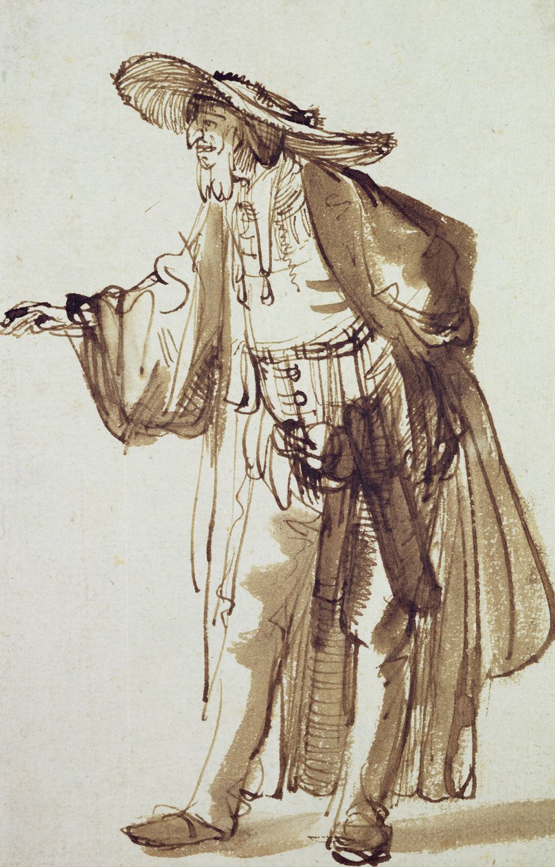 Herec se širokým kloboukem (pero a inkoust na papíře) od Rembrandt van Rijn
