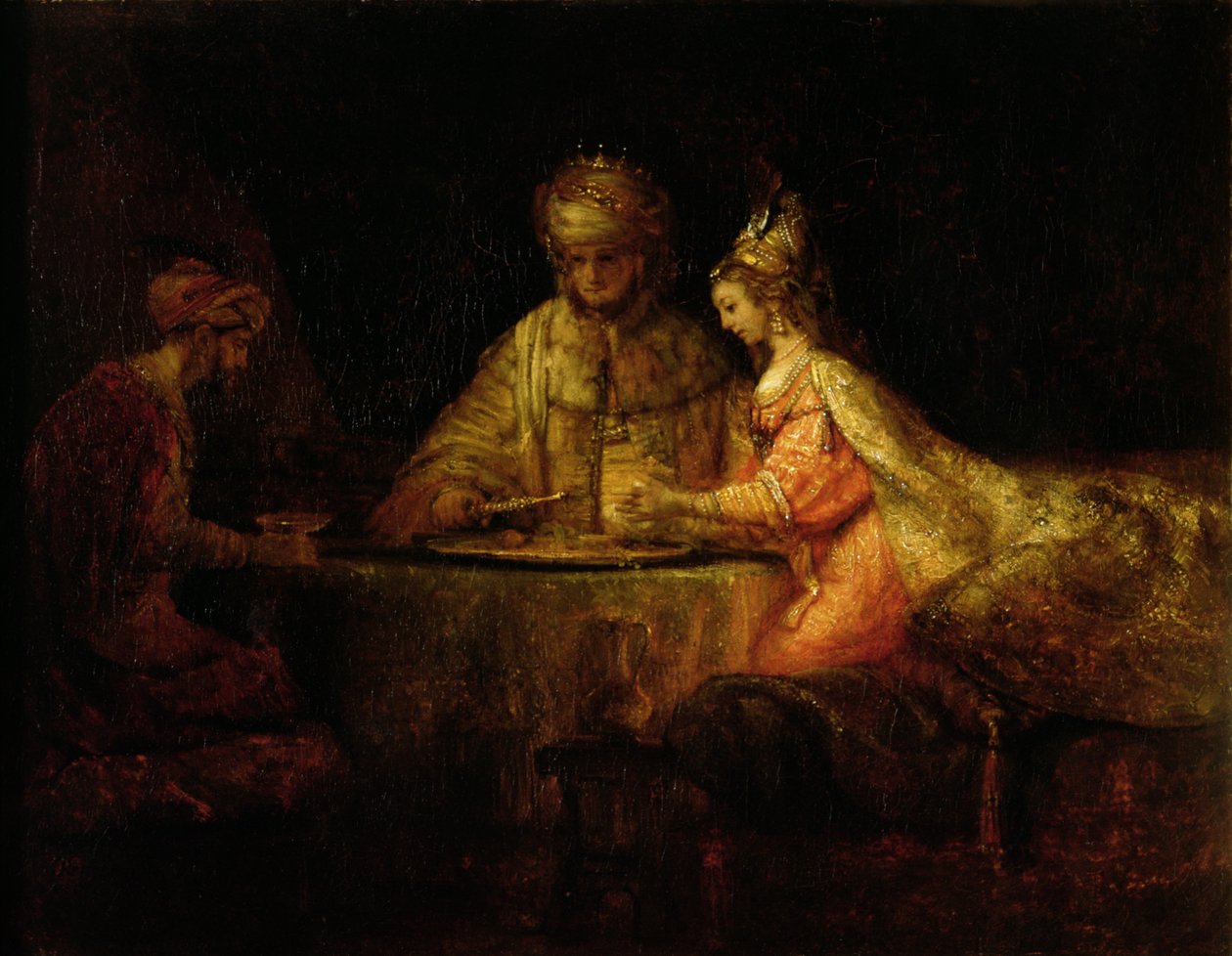Ahasver (Xerxes), Haman a Ester, kolem 1660 od Rembrandt van Rijn