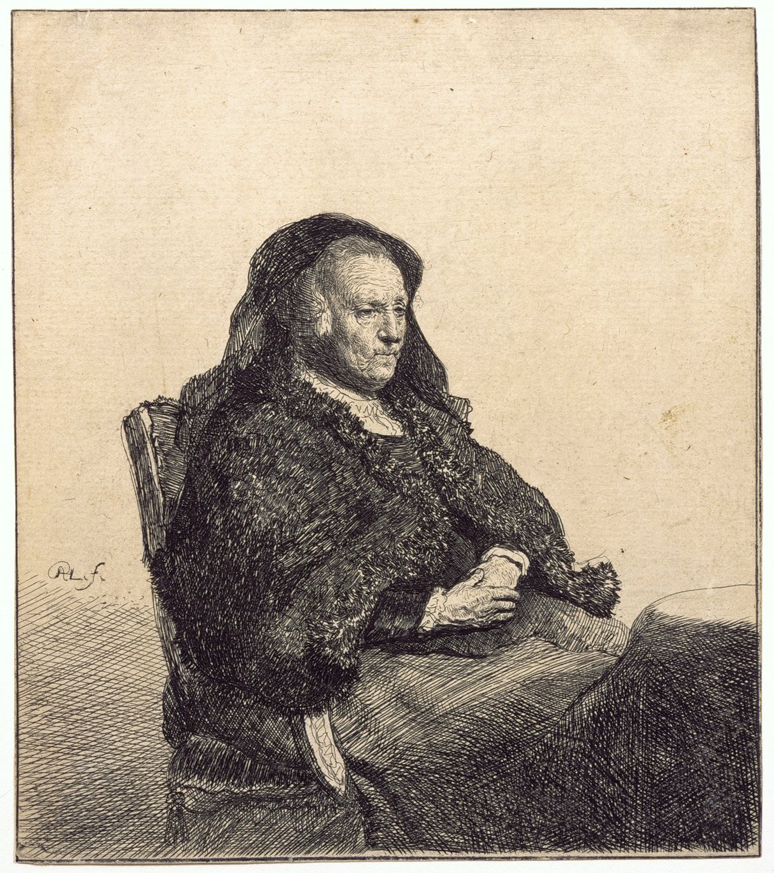 Starší žena (Rembrandtova matka, sedící u stolu) od Rembrandt van Rijn