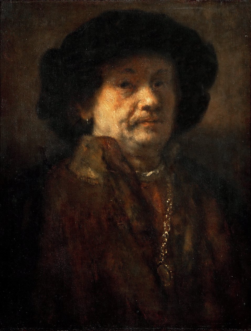 Autoportrét v kožichu se zlatým řetízkem a náušnicí od Rembrandta van Rhijna (1606-1669). olej na dřevo od Rembrandt van Rijn