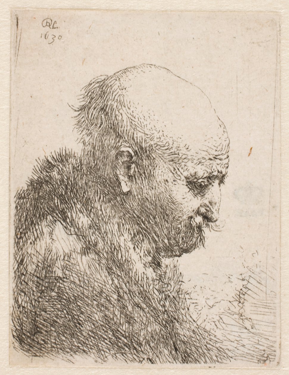 Plešatý muž (Rembrandtův otec) v profilu zprava; malá poprsní socha od Rembrandt van Rijn
