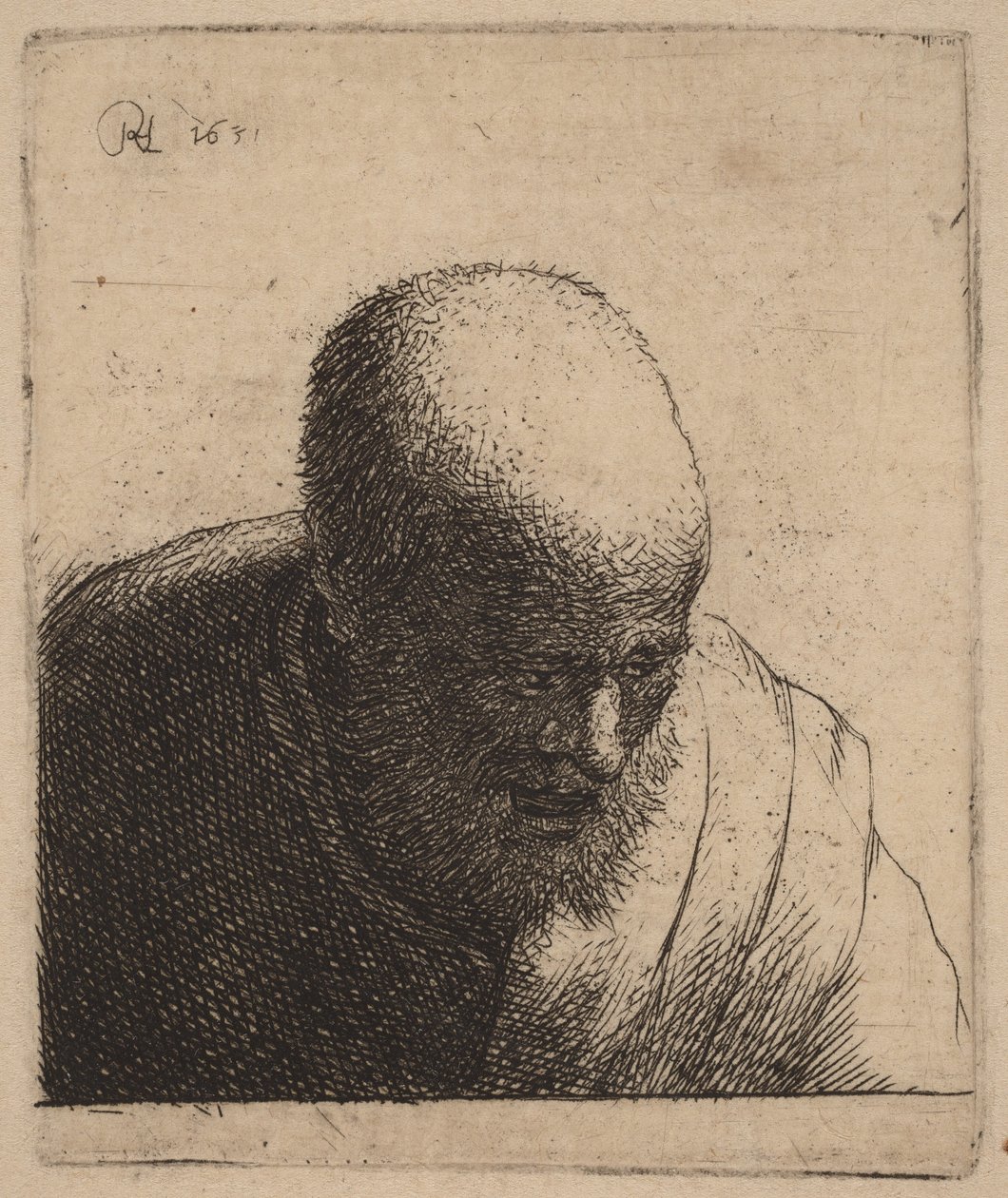 Plešatý muž s otevřenými ústy, hledící dolů od Rembrandt van Rijn