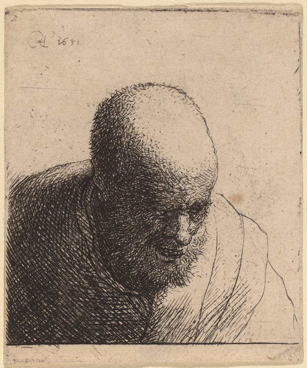 Plešatý muž s otevřenými ústy, dívá se dolů, c. 1630. od Rembrandt van Rijn