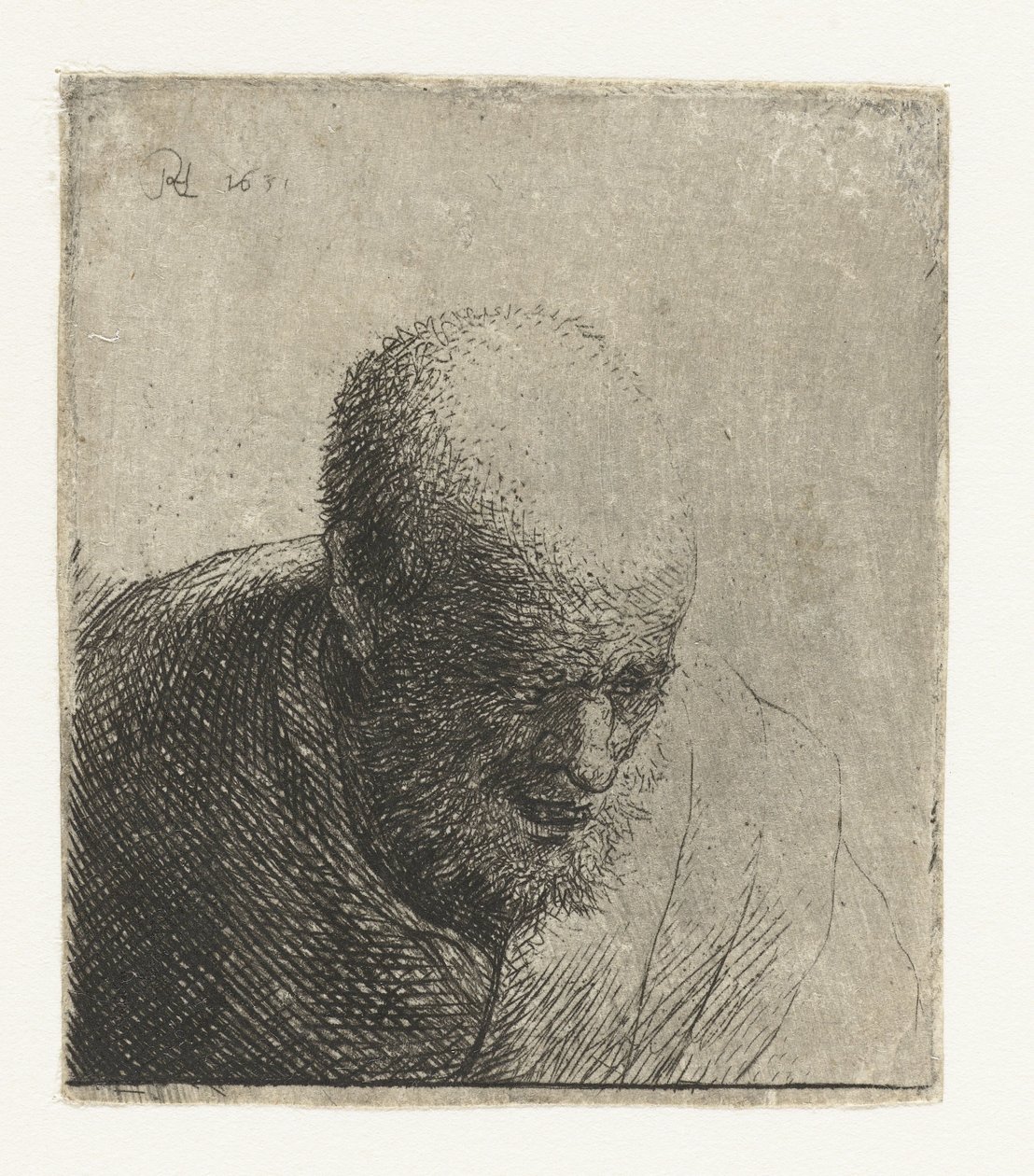 Plešatý muž s otevřenými ústy, dívá se dolů: poprsí od Rembrandt van Rijn