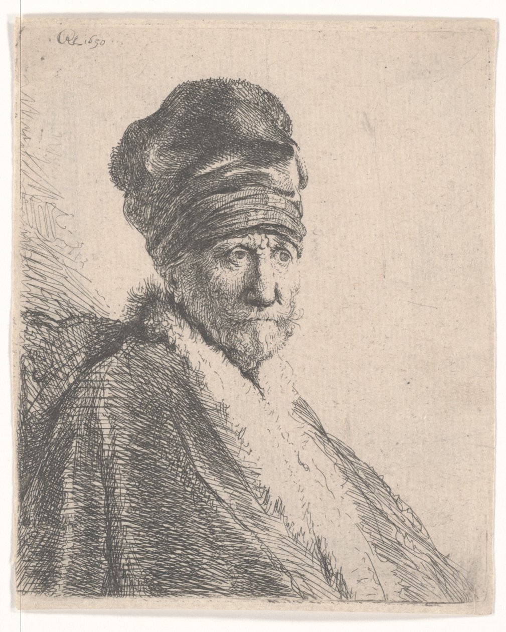 Vousatý muž v kožešinové orientální čepici a róbě, nosí vysokou čepici, 1630 od Rembrandt van Rijn