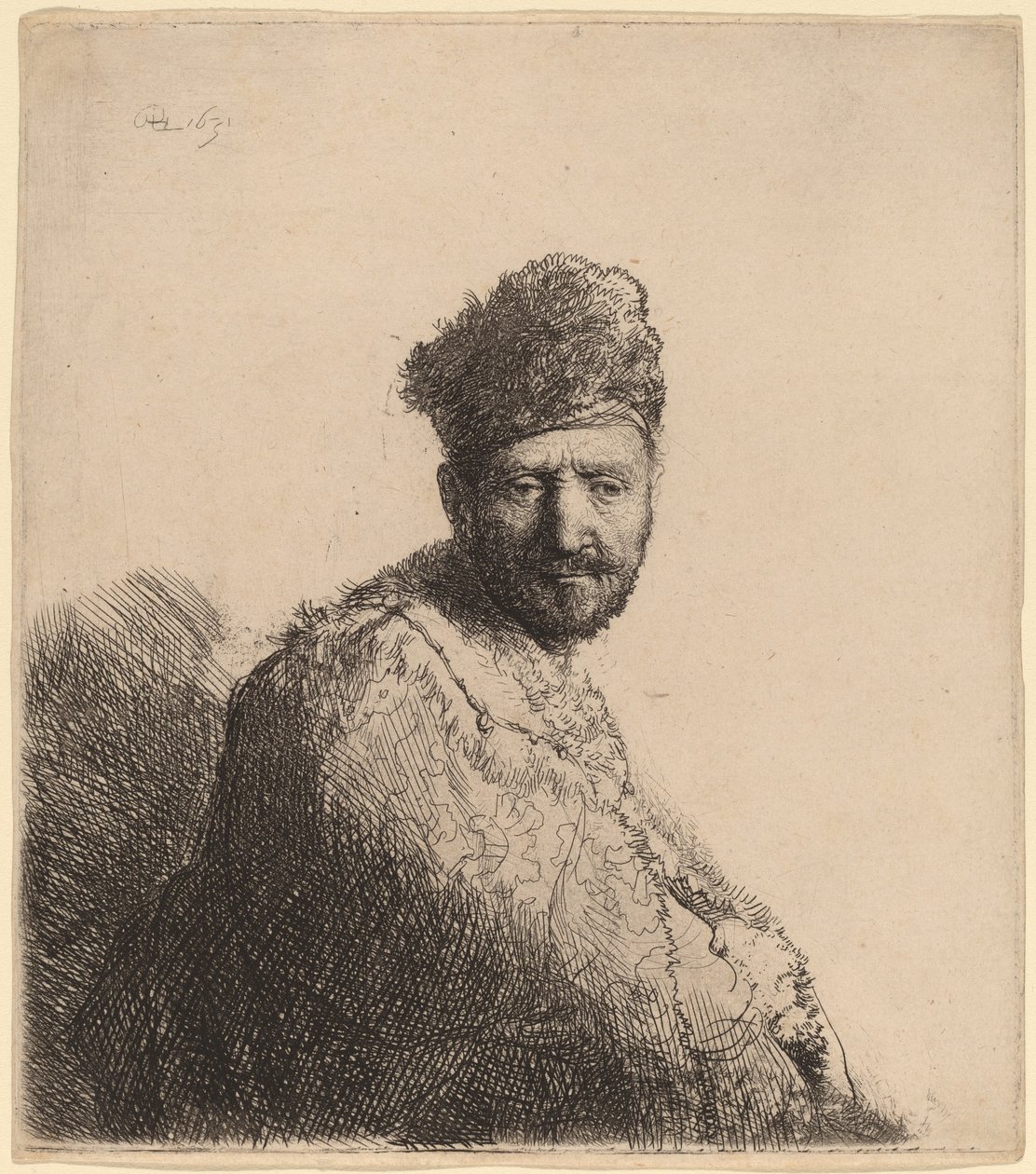 Vousatý muž v kožešinové orientální čepici a róbě: Umělcův otec od Rembrandt van Rijn