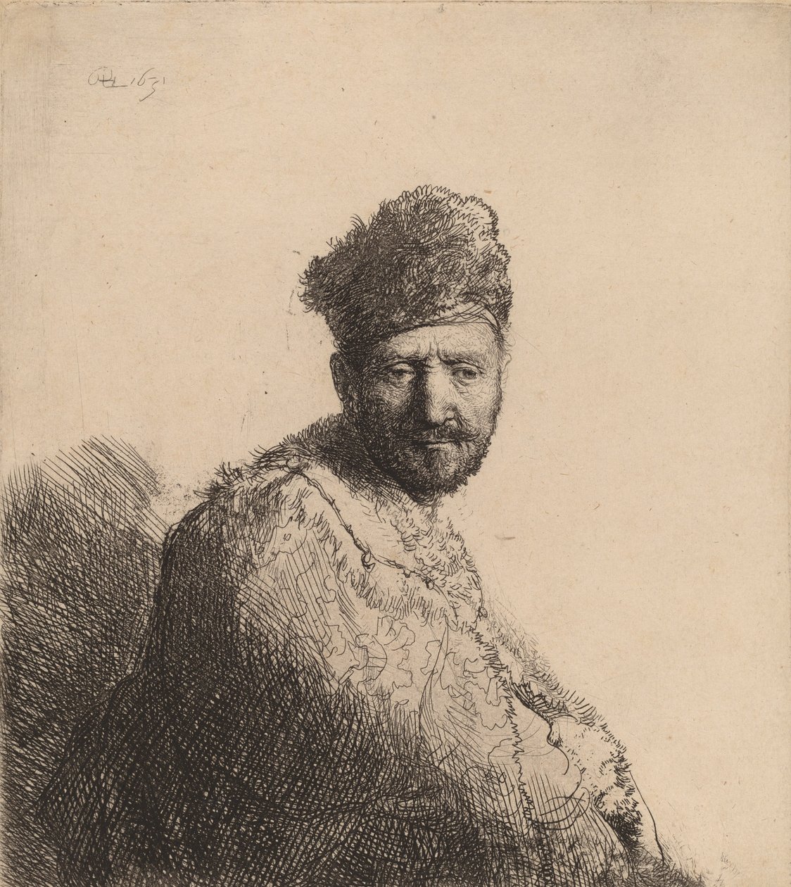 Vousatý muž, v kožešinové orientální čepici a róbě: Umělcův otec, 1631. od Rembrandt van Rijn