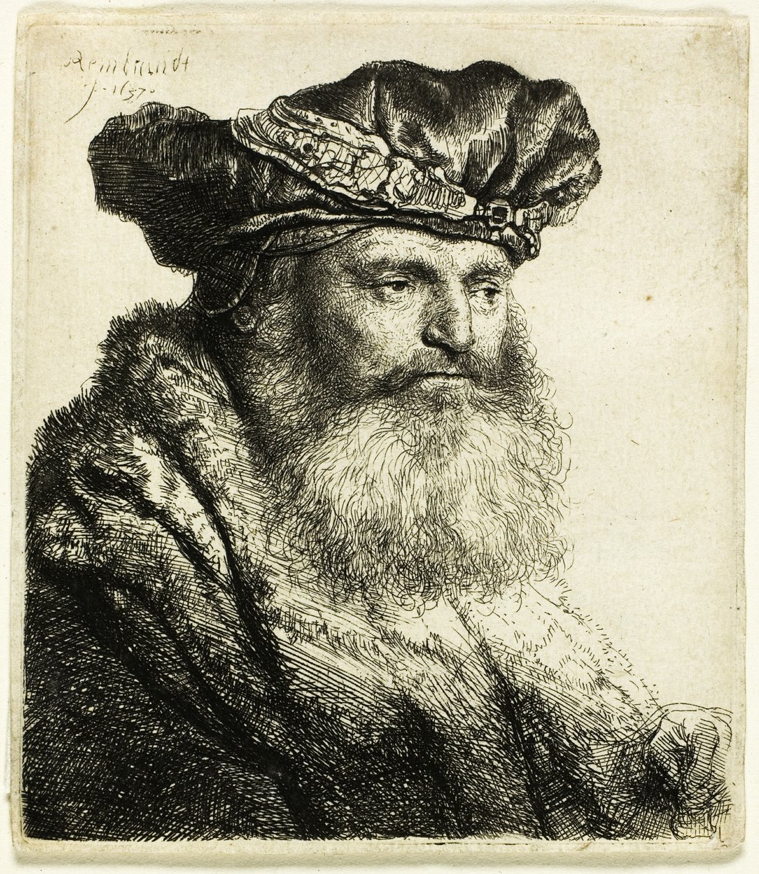 Vousatý muž v sametové čepici s drahokamovou sponou od Rembrandt van Rijn