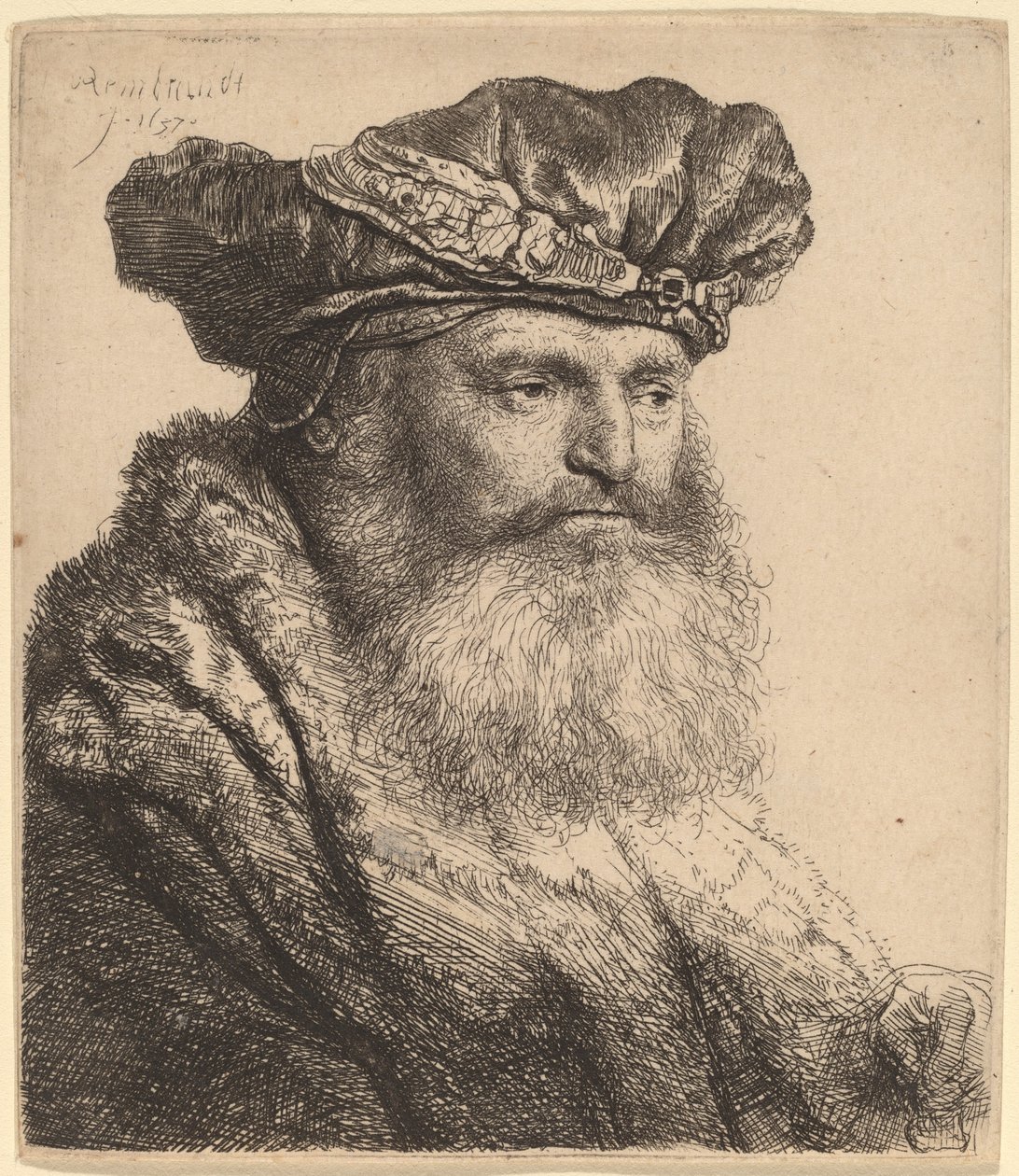 Vousatý muž v sametové čepici se sponou na šperky od Rembrandt van Rijn