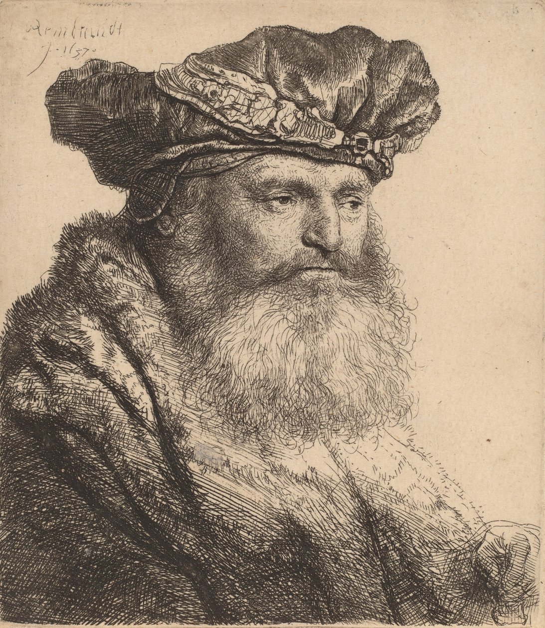 Vousatý muž v sametové čepici s klenotovou sponou, 1637 od Rembrandt van Rijn