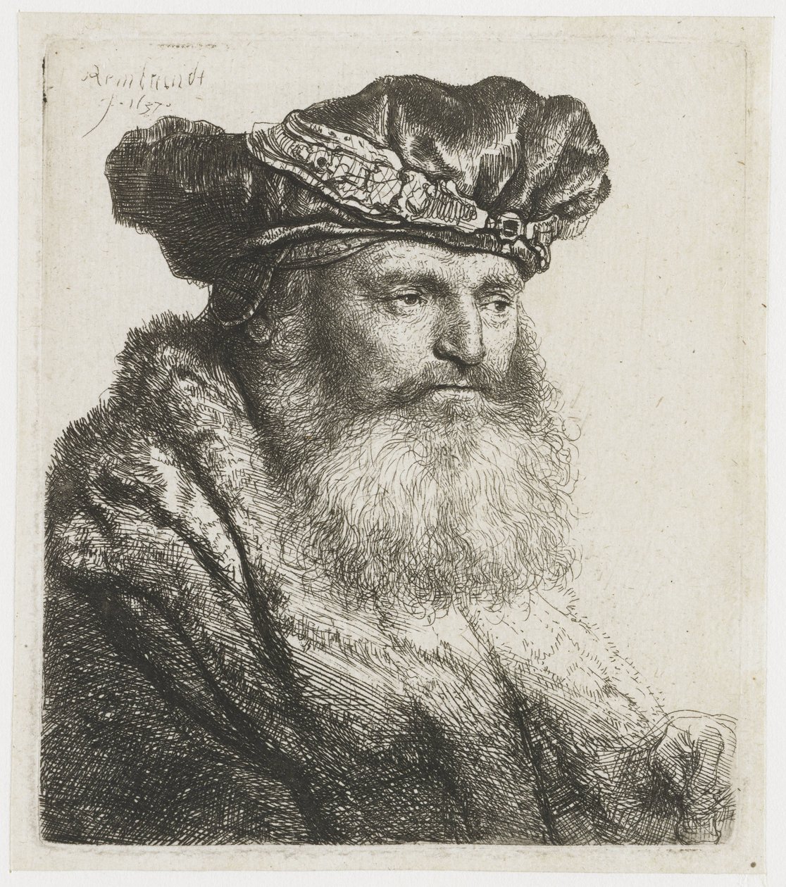 Vousatý muž v sametové čepici se sponou zdobenou drahokamy Vousatý muž v sametové čepici s drahokamovou sponou od Rembrandt van Rijn