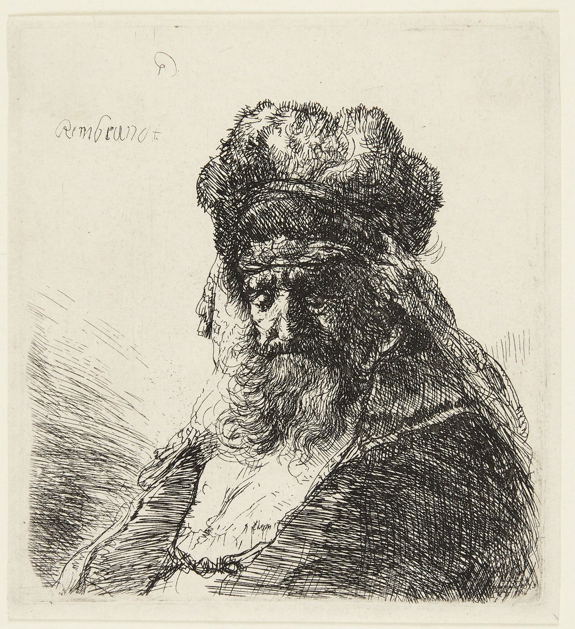 Vousatý stařík s vysokou kožešinovou čepicí a zavřenýma očima od Rembrandt van Rijn