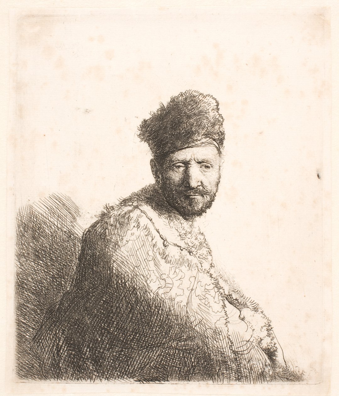 Vousatý muž (Rembrandtův otec) v kožešinové orientální čepici a plášti: polopostava od Rembrandt van Rijn
