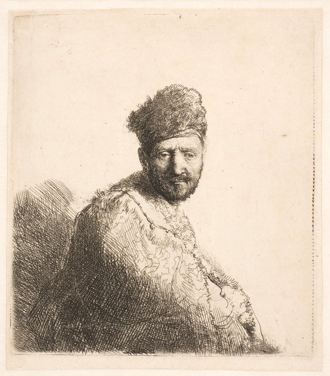 Vousatý muž (Rembrandtův otec) v kožešinové orientální čepici a plášti: polopostava od Rembrandt van Rijn