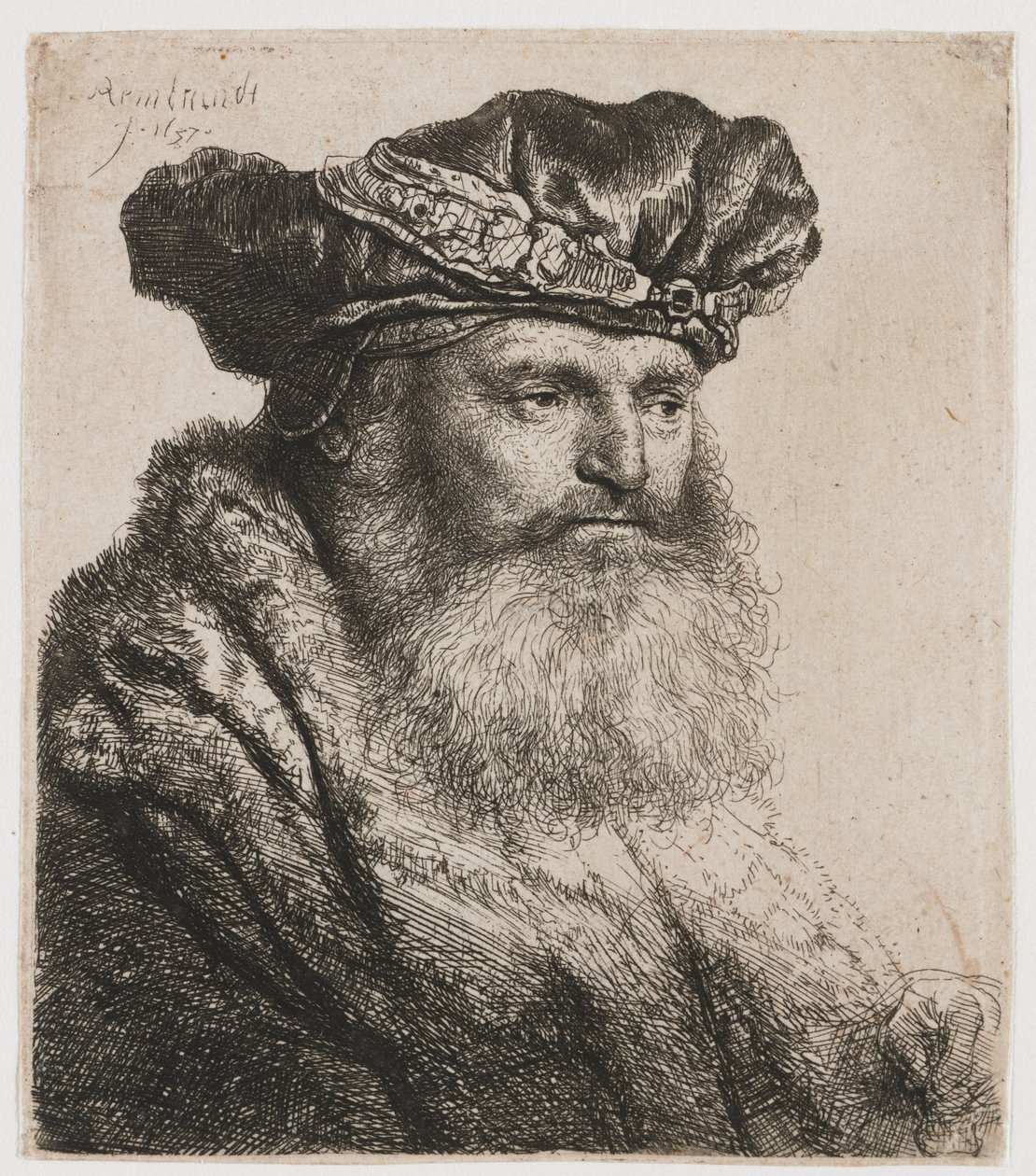 Vousatý muž v sametové čepici s drahokamovou sponou od Rembrandt van Rijn