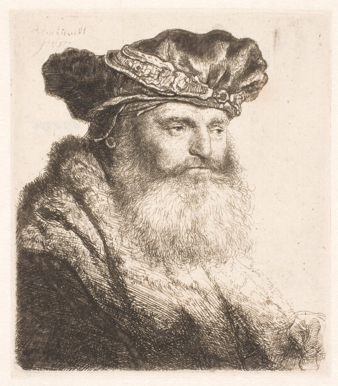 Vousatý muž v sametové čepici s drahokamovou sponou od Rembrandt van Rijn