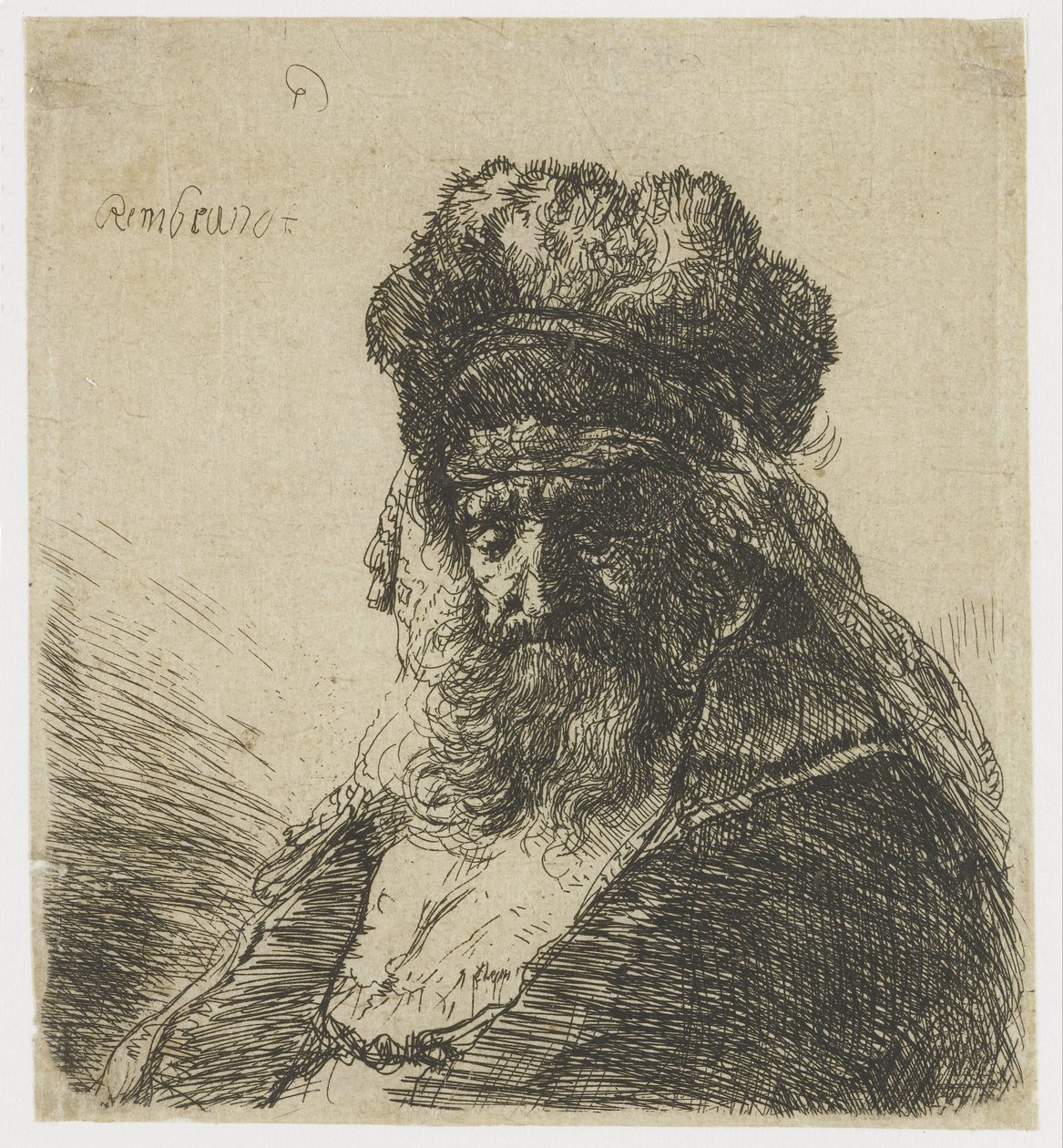 Vousatý stařík ve vysoké kožešinové čepici se zavřenýma očima od Rembrandt van Rijn