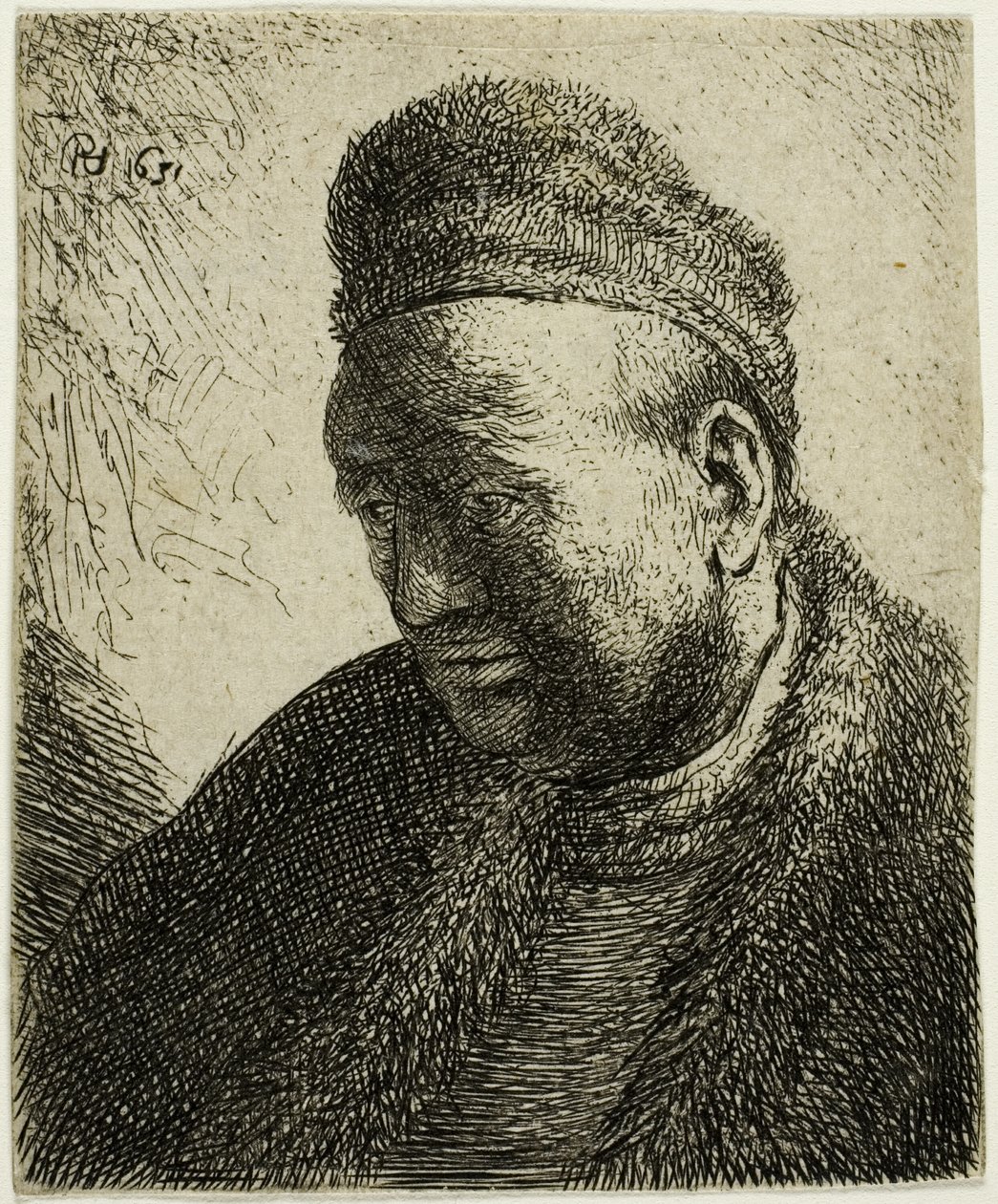 Bezvousý muž v kožešinovém plášti a čepici: Poprsí od Rembrandt van Rijn