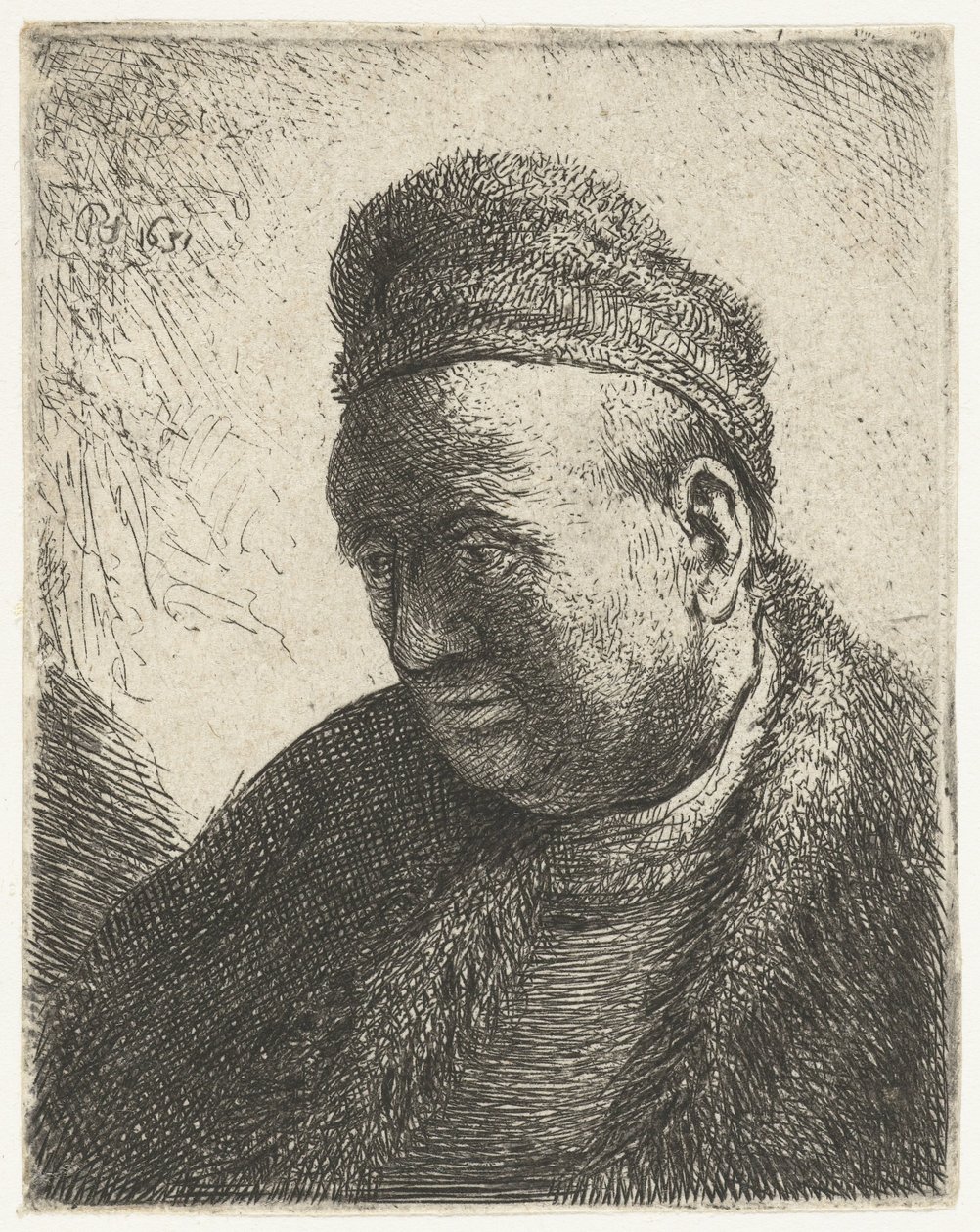 Bezvousý muž v kožešinovém plášti a čepici: poprsí od Rembrandt van Rijn