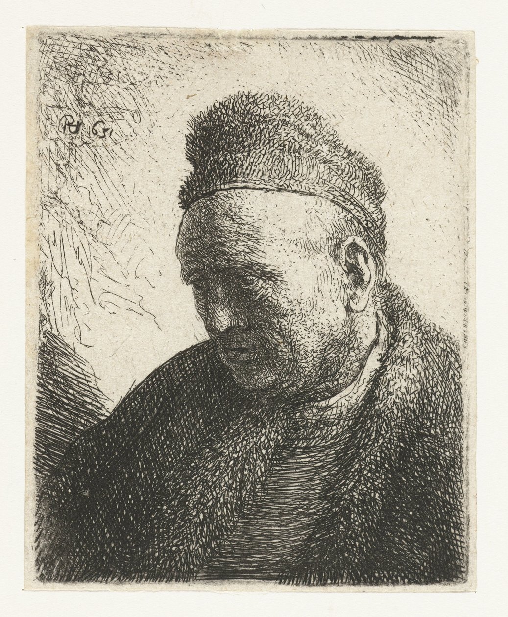 Bezvousý muž v kožešinovém plášti a čepici: poprsí od Rembrandt van Rijn