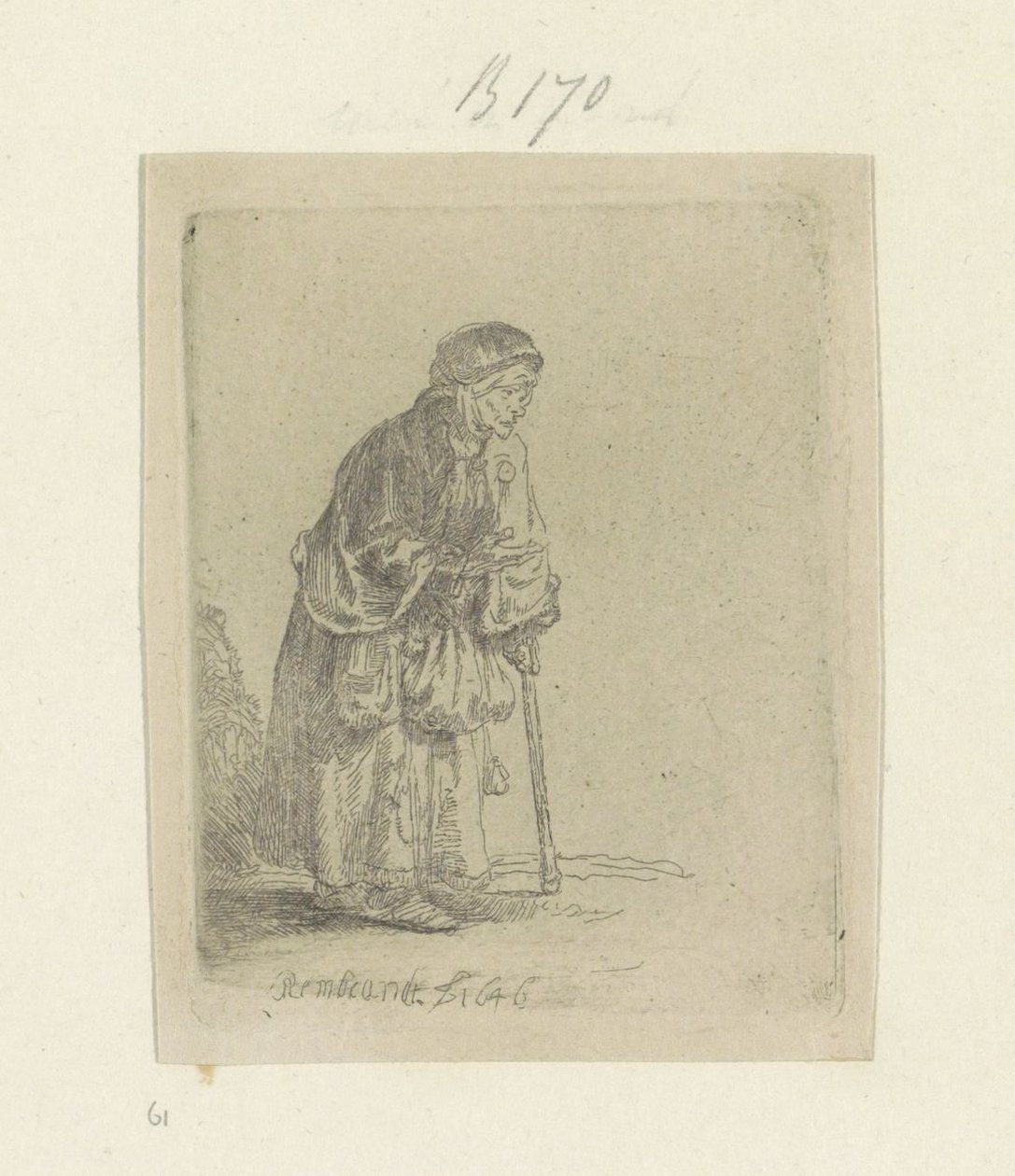 Žebrák, opírající se o hůl, vpravo Recueil de quatre-vingt-cinq estampes originales (název série) od Rembrandt van Rijn