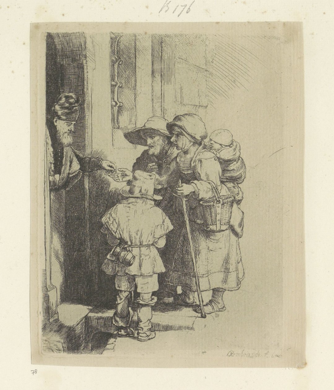 Žebrající rodina dostává almužnu u dveří domu Recueil de quatre-vingt-cinq estampes originales (název série) od Rembrandt van Rijn