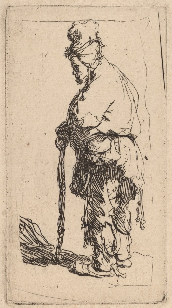 Žebrák opírající se o hůl, tváří vlevo od Rembrandt van Rijn