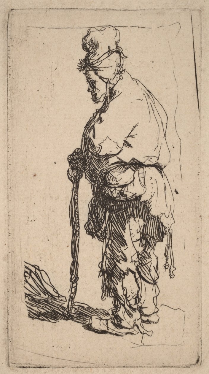 Žebrák opírající se o hůl, pohledem doleva od Rembrandt van Rijn