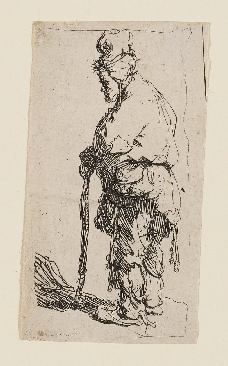 Žebrák opírající se o hůl, obrácený doleva od Rembrandt van Rijn