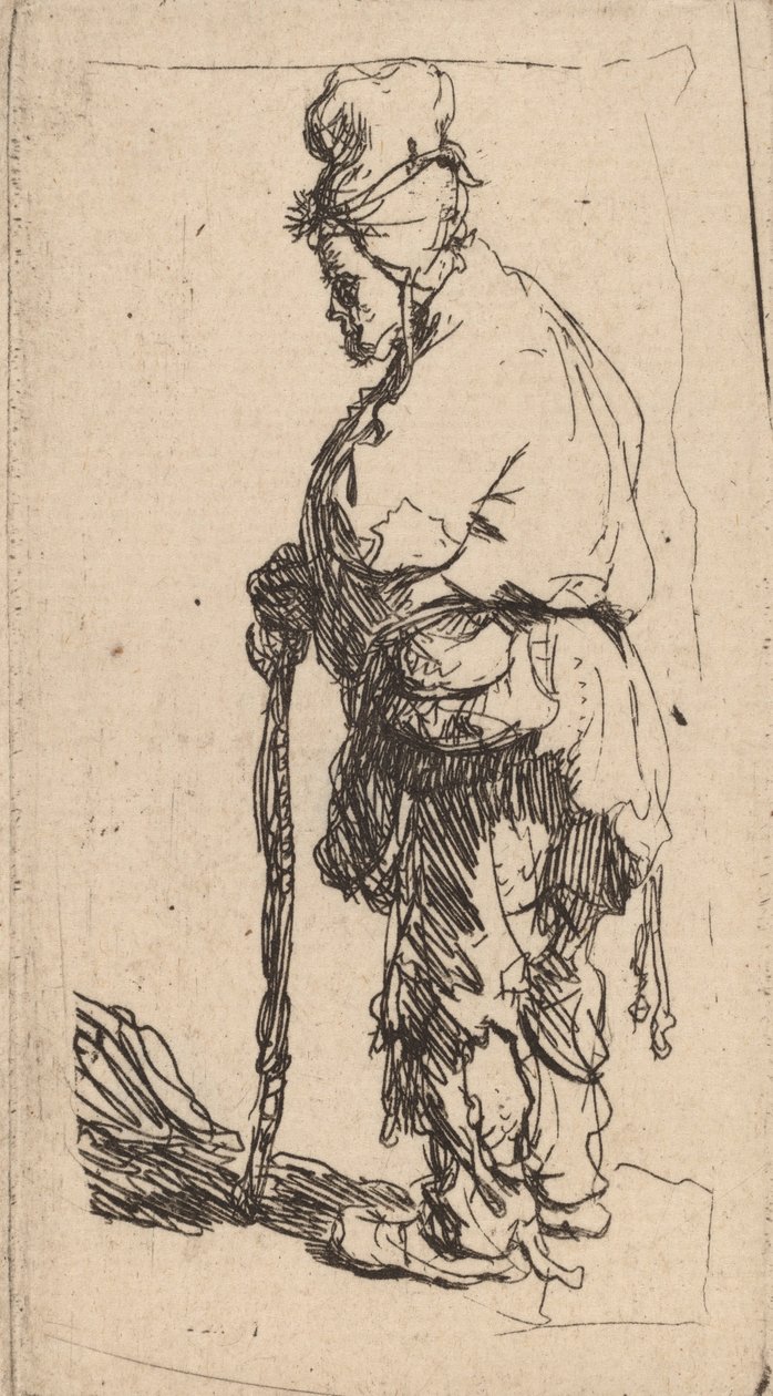 Žebrák opírající se o hůl, tváří vlevo, c. 1630. od Rembrandt van Rijn