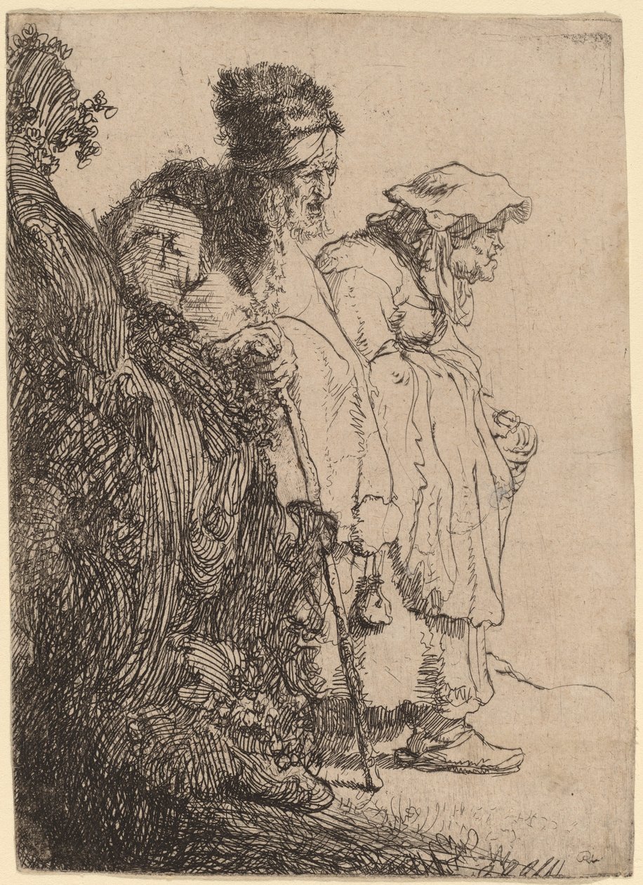 Žebrák a žena za bankou od Rembrandt van Rijn