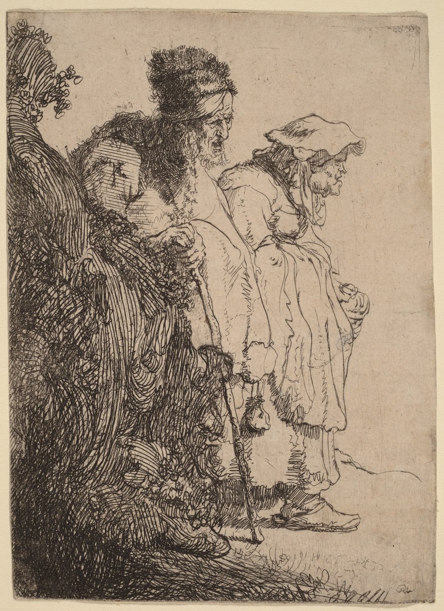 Žebrák a žebračka za bankou od Rembrandt van Rijn