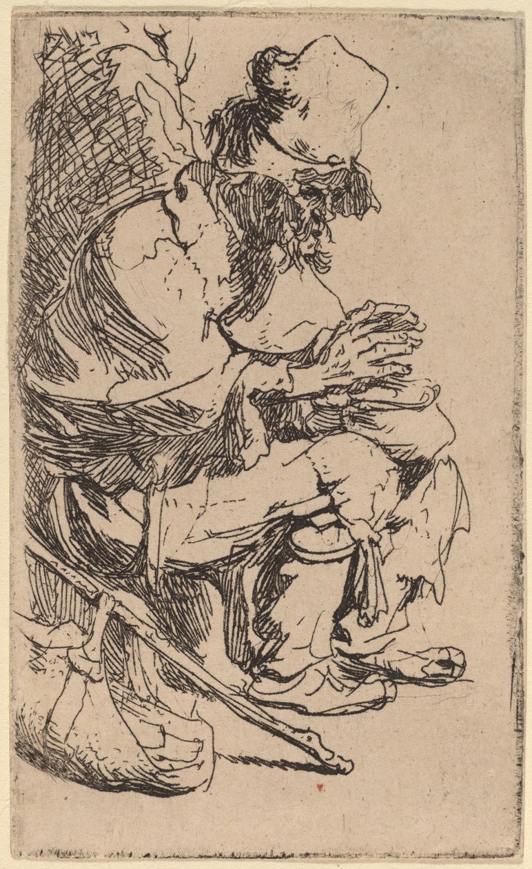 Žebrák seděl a ohříval si ruce u třecí misky od Rembrandt van Rijn