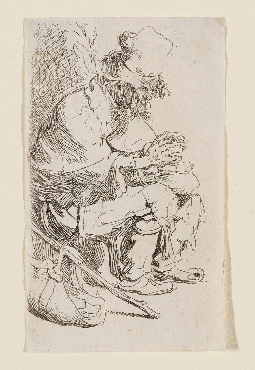 Sedící žebrák zahřívající si ruce nad pánví s uhlíky od Rembrandt van Rijn