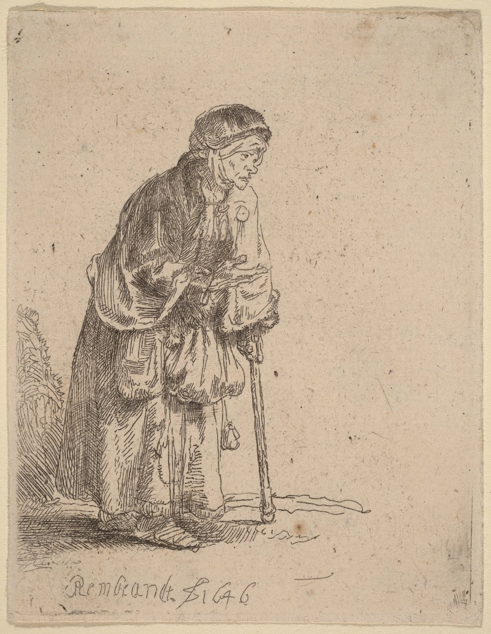 Žebračka opírající se o hůl od Rembrandt van Rijn
