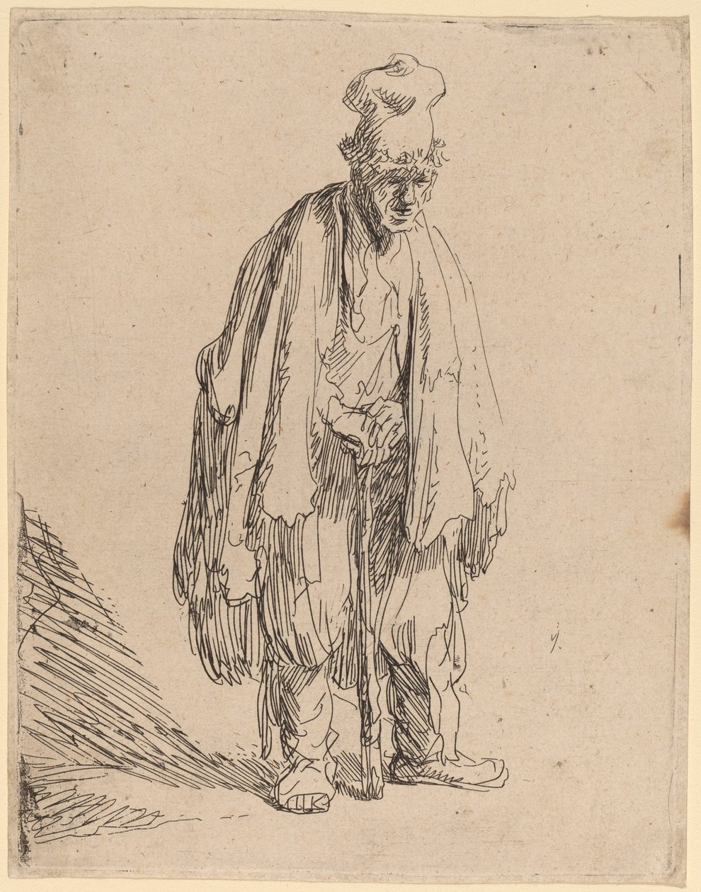 Žebrák ve vysoké čepici, stojící a opírající se o hůl od Rembrandt van Rijn