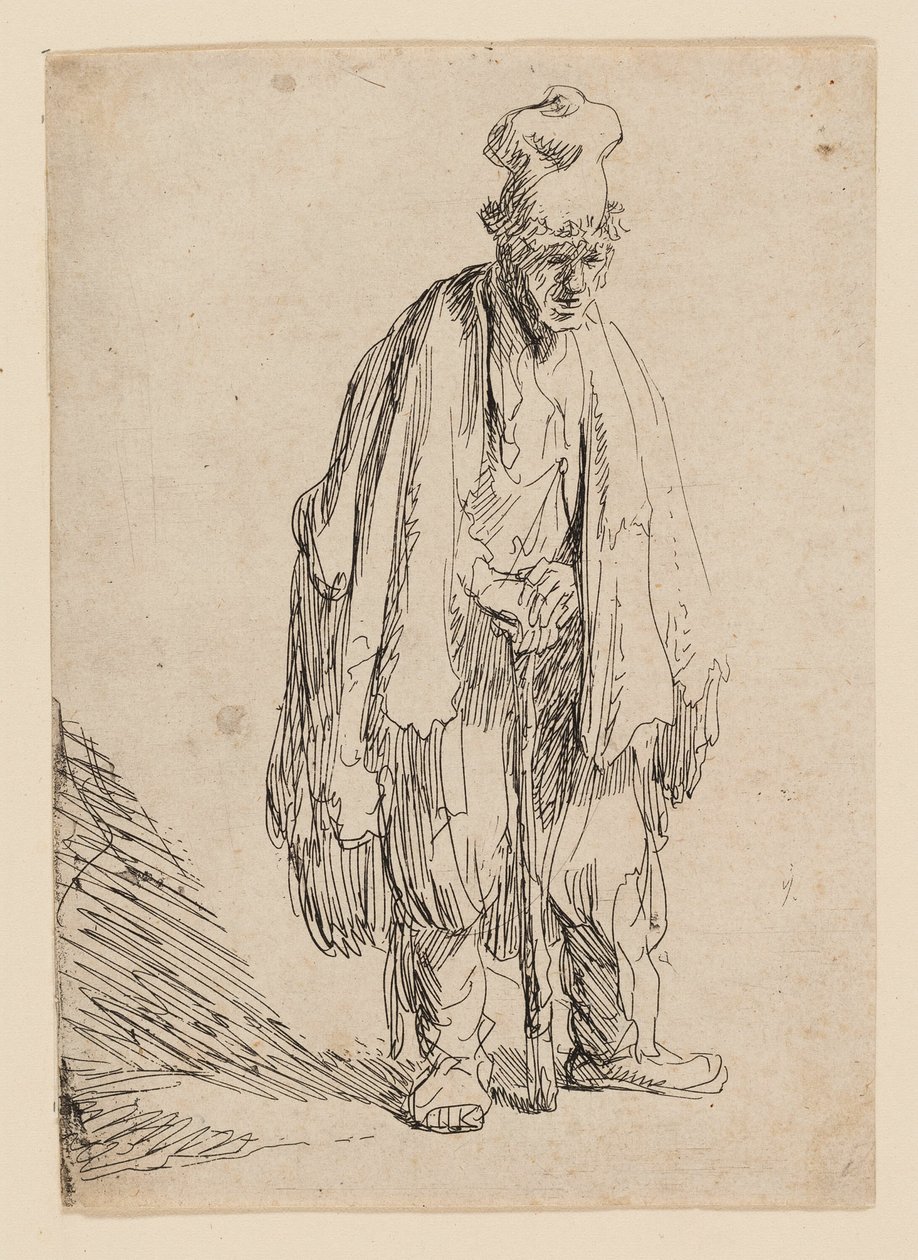 Žebrák ve vysoké čepici, stojící a opírající se o hůl od Rembrandt van Rijn