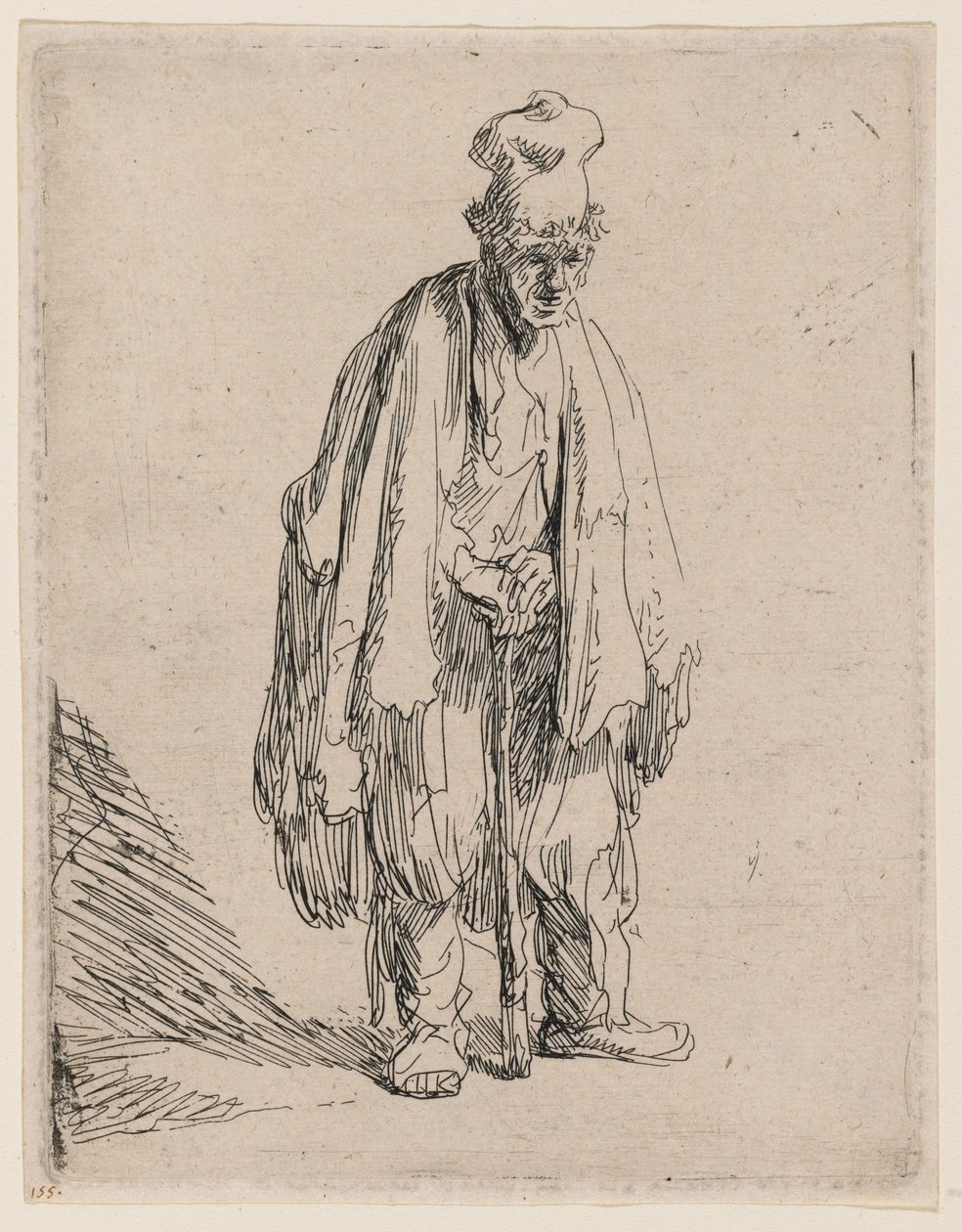 Žebrák v čepici s vysokým kšiltem, stojící a opírající se o hůl od Rembrandt van Rijn