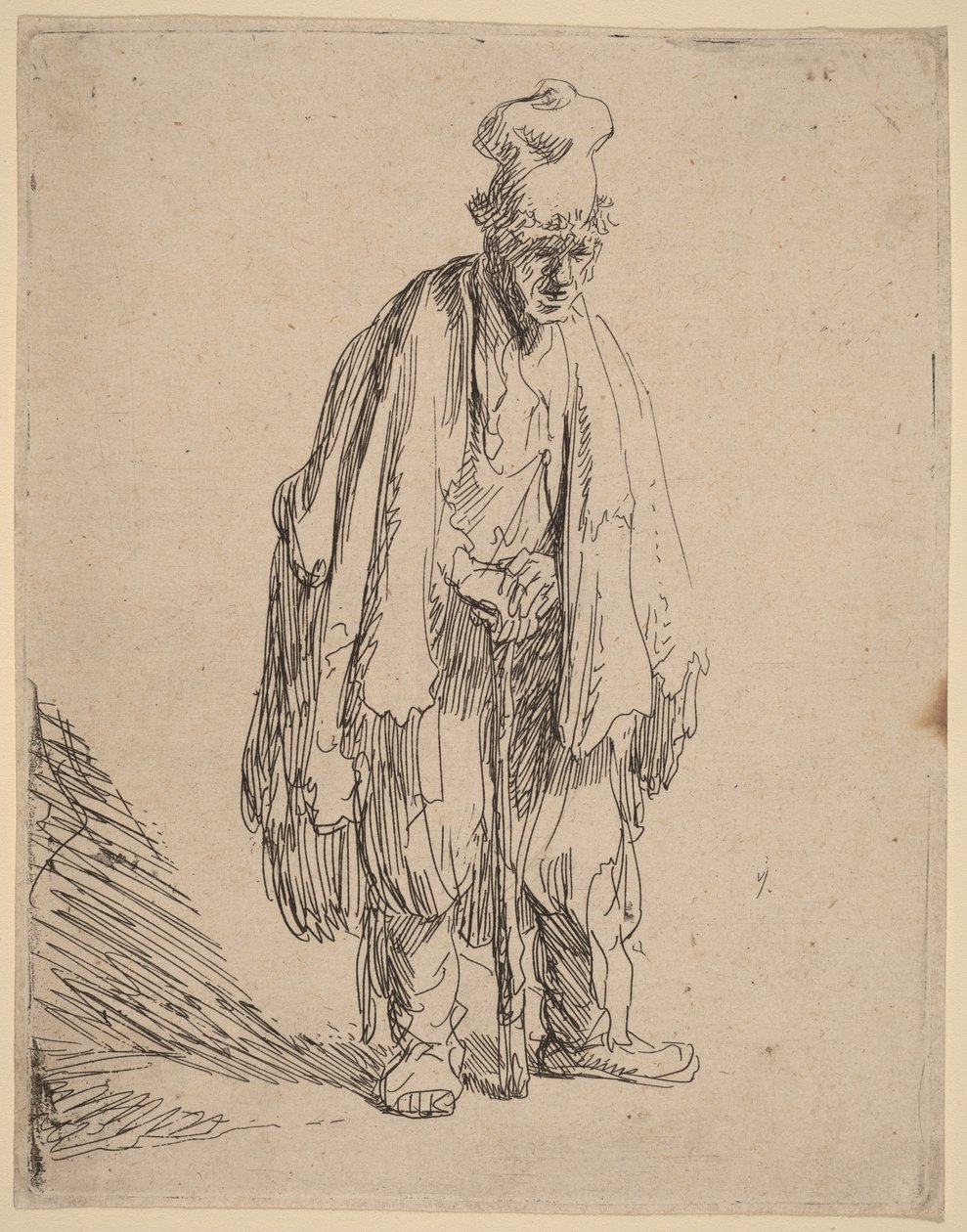 Žebrák v čepici s vysokým kšiltem, stojící a opírající se o hůl od Rembrandt van Rijn