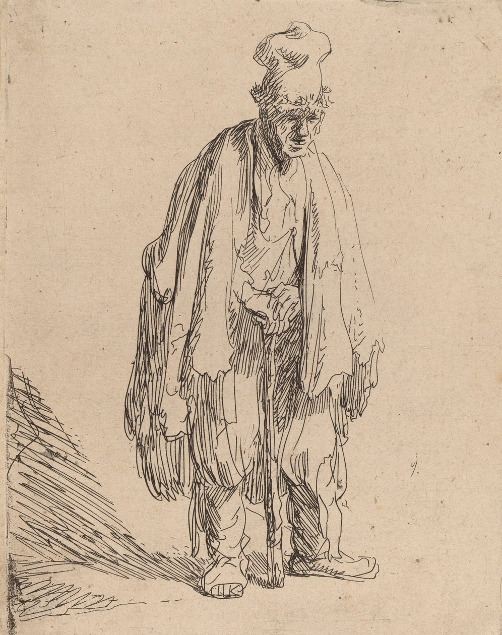 Žebrák ve vysoké čepici, stojící a opírající se o hůl, c. 1630. od Rembrandt van Rijn