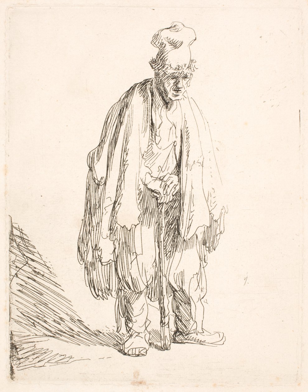 Žebrák s vysokou čepicí, stojící a opírající se o hůl od Rembrandt van Rijn