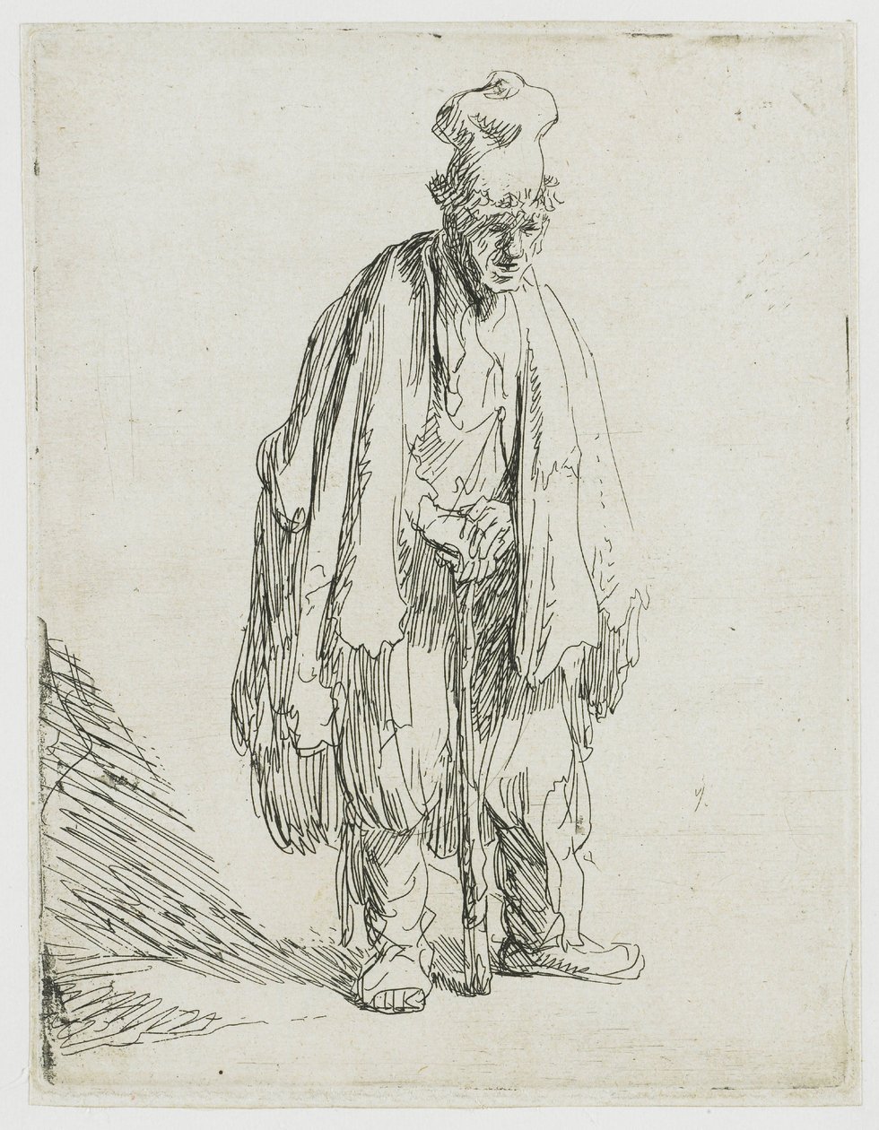Žebrák s vysokou čepicí, stojící a opírající se o hůl od Rembrandt van Rijn