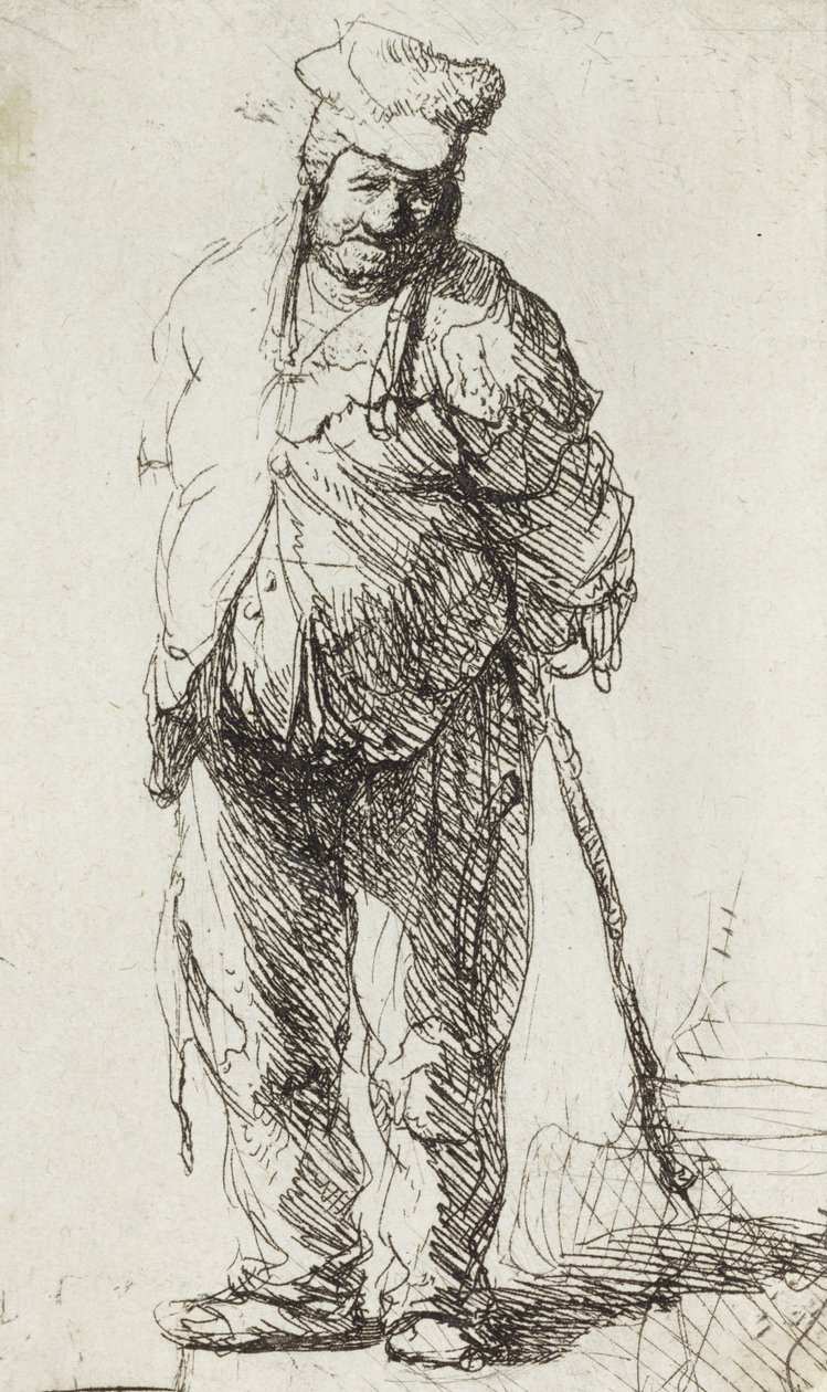 Žebrák opírající se o hůl (pero a inkoust na papíře) od Rembrandt van Rijn